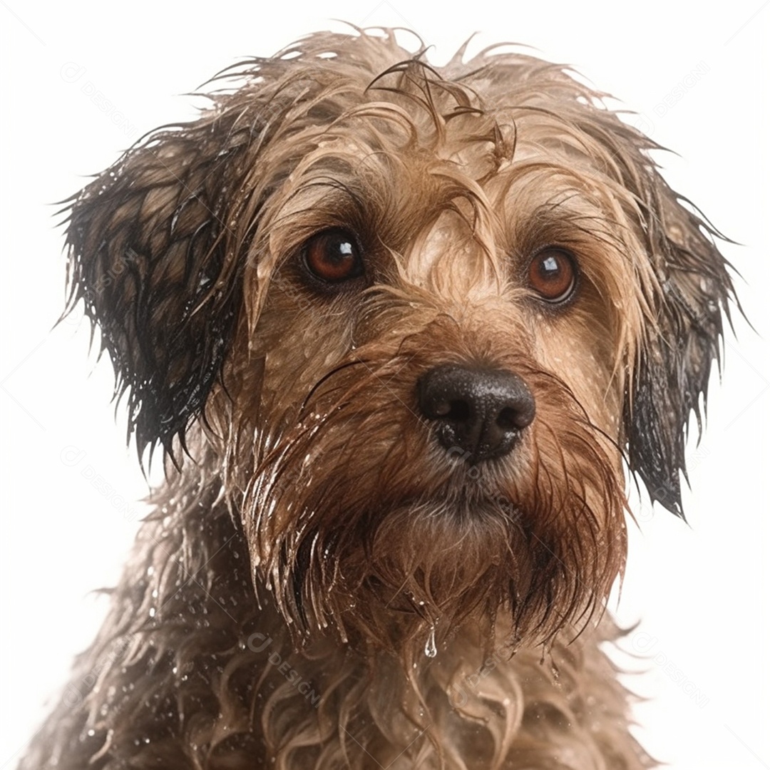 Cachorro molhado em fundo branco