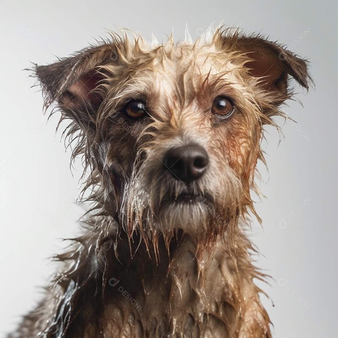 Cachorro molhado em fundo branco