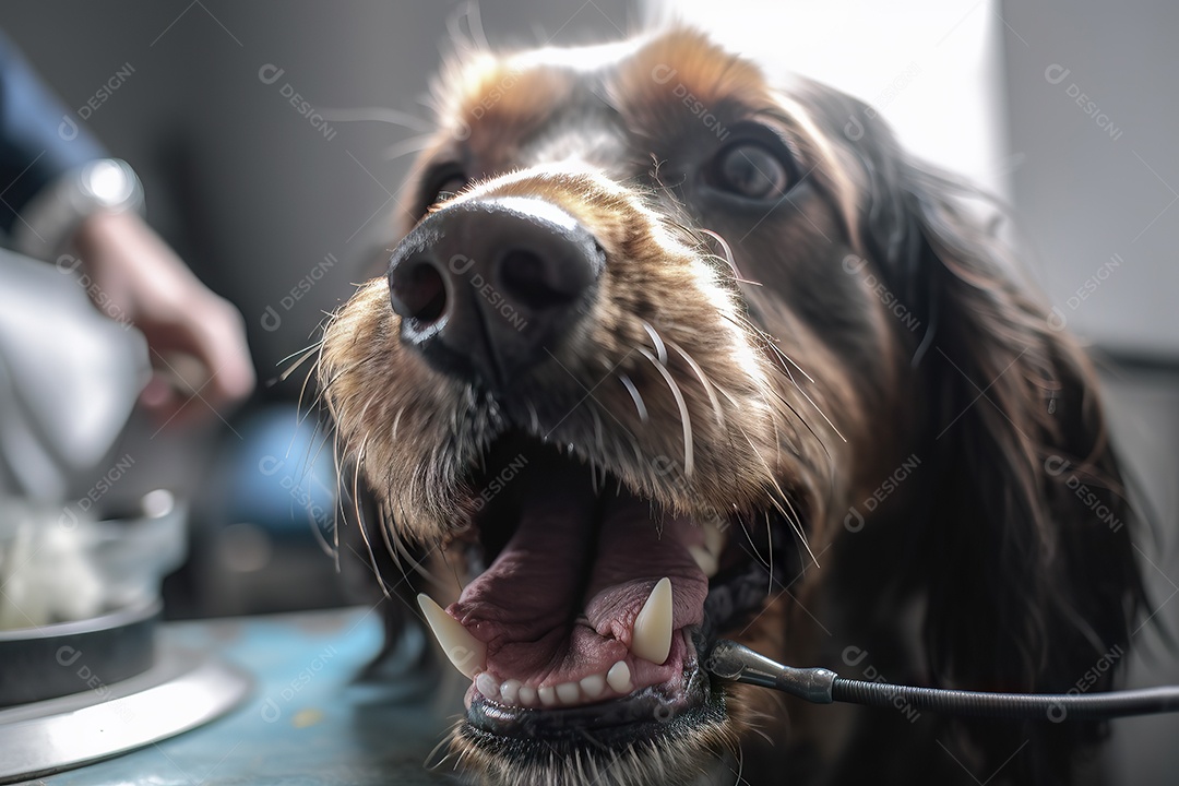 Imagem de um cão sendo tratado em um consultório veterinário