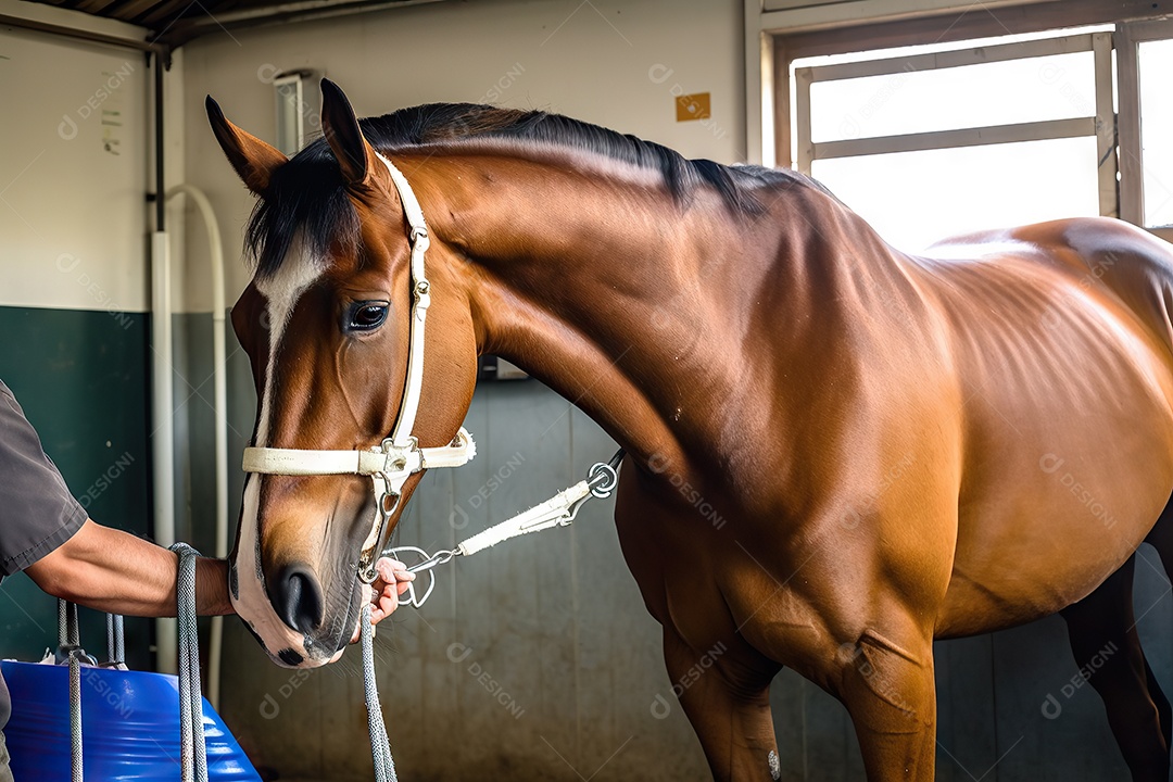 Imagem de um cavalo sendo tratado em um consultório veterinário