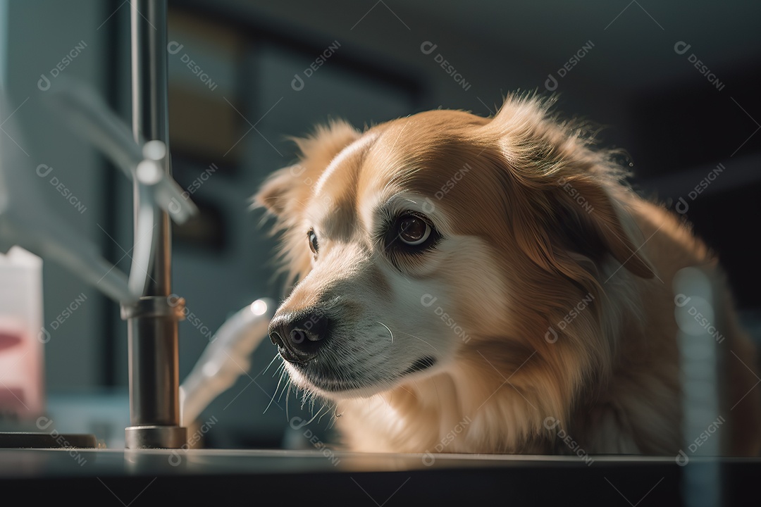Imagem de um cão sendo tratado em um consultório veterinário