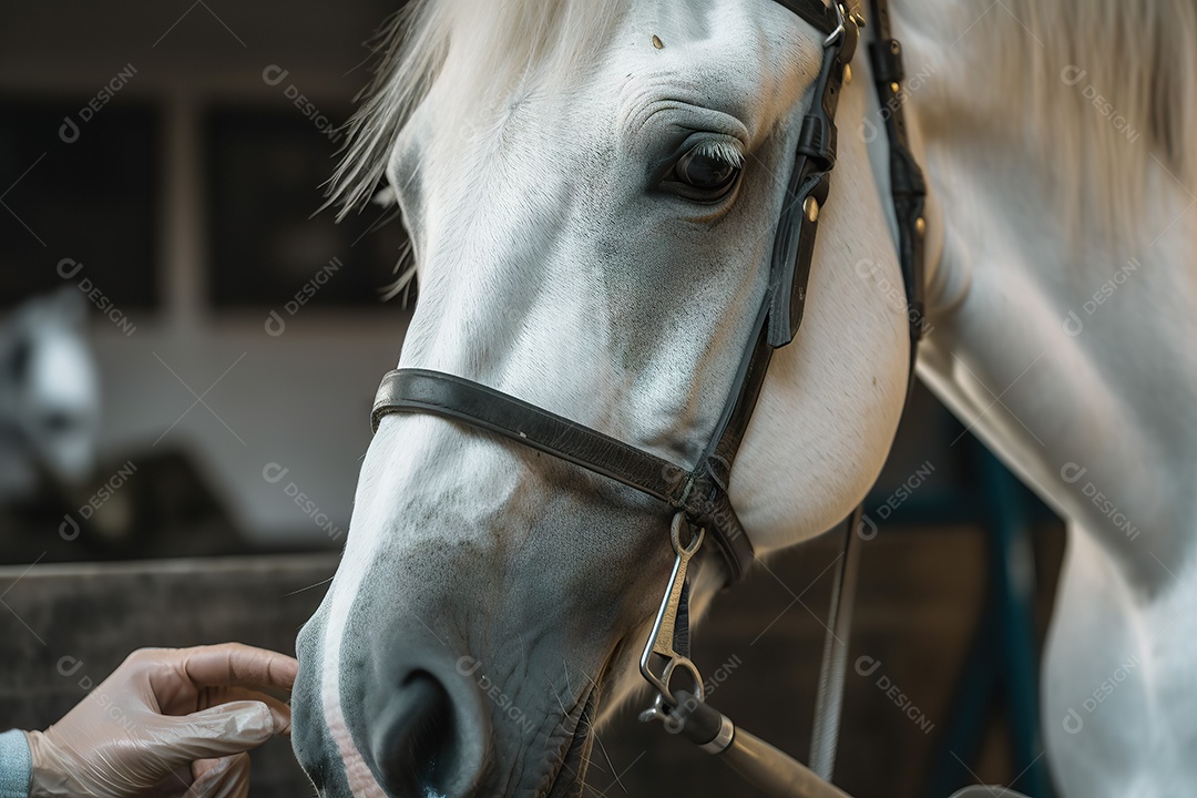 Imagem de um cavalo sendo tratado em um consultório veterinário