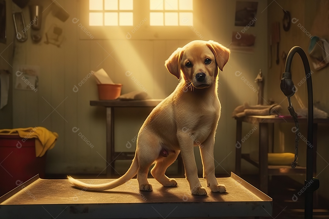 Imagem de um cão sendo tratado em um consultório veterinário