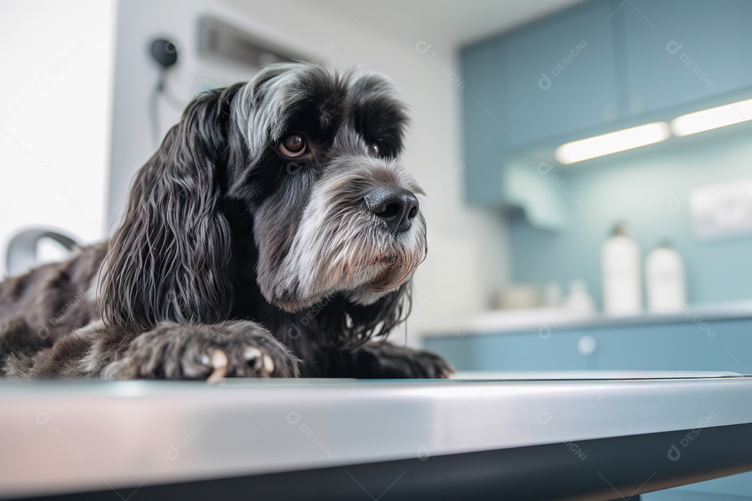 Imagem de um cão sendo tratado em um consultório veterinário