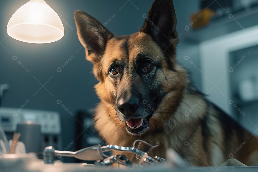 Imagem de um cão sendo tratado em um consultório veterinário