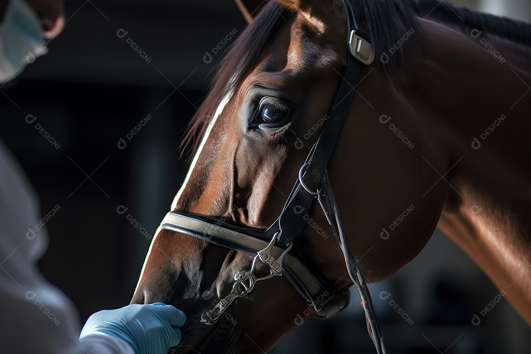Imagem de um cavalo sendo tratado em um consultório veterinário