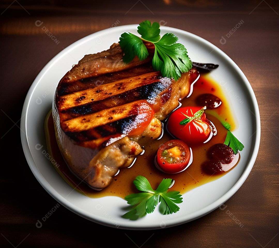 Carne grelhada sobre prato restaurante