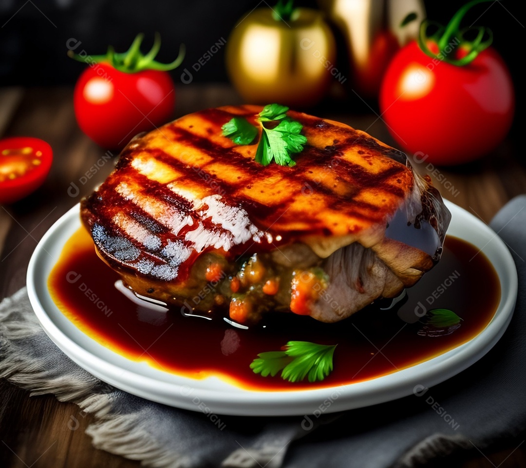 Carne grelhada sobre prato restaurante