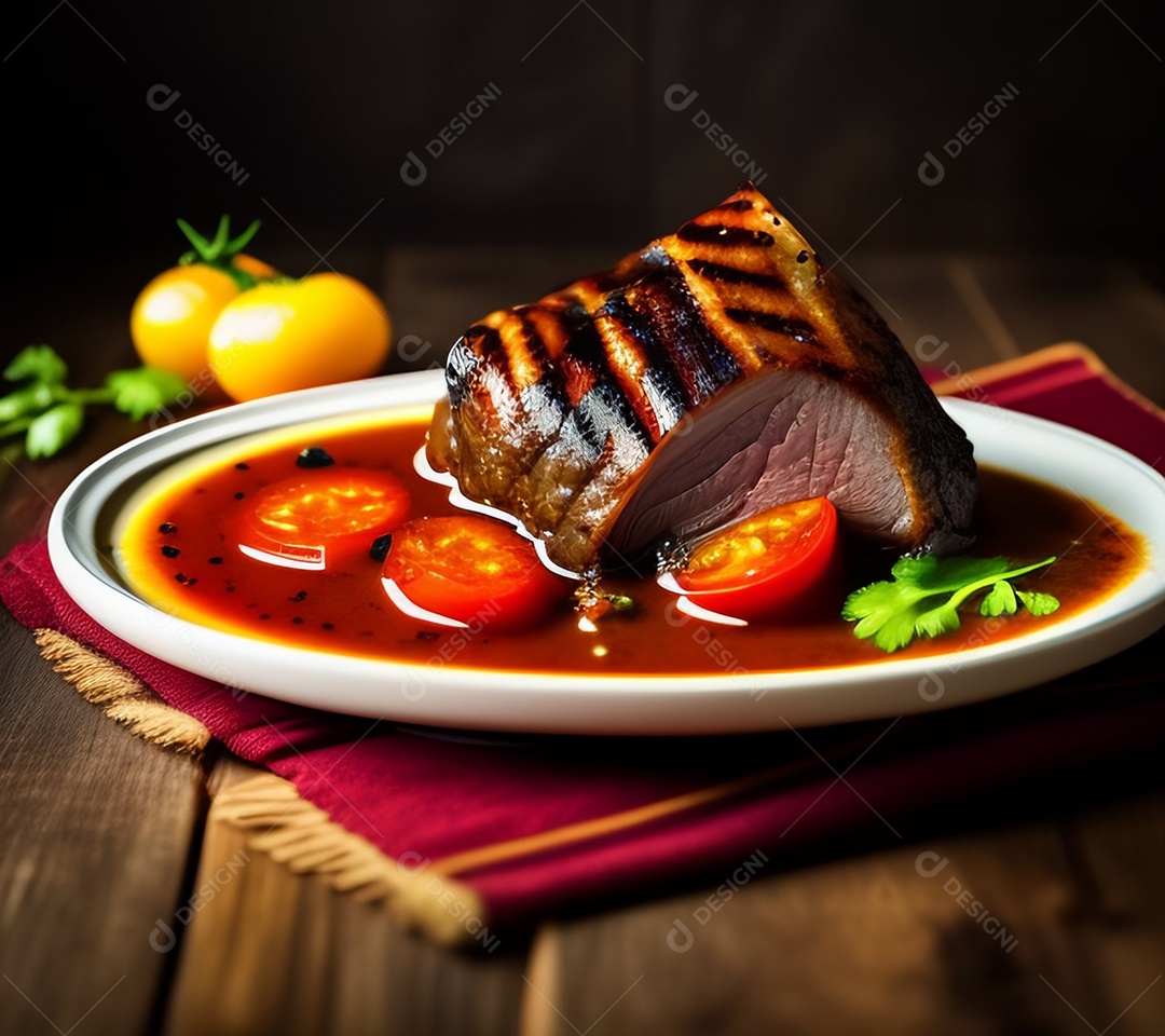 Prato de comida carne grelhada sobre uma mesa de madeira