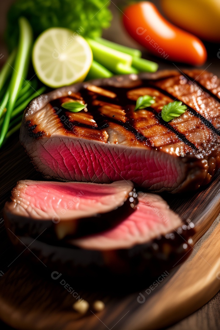 Carne grelhada e cortada sobre uma mesa de madeira