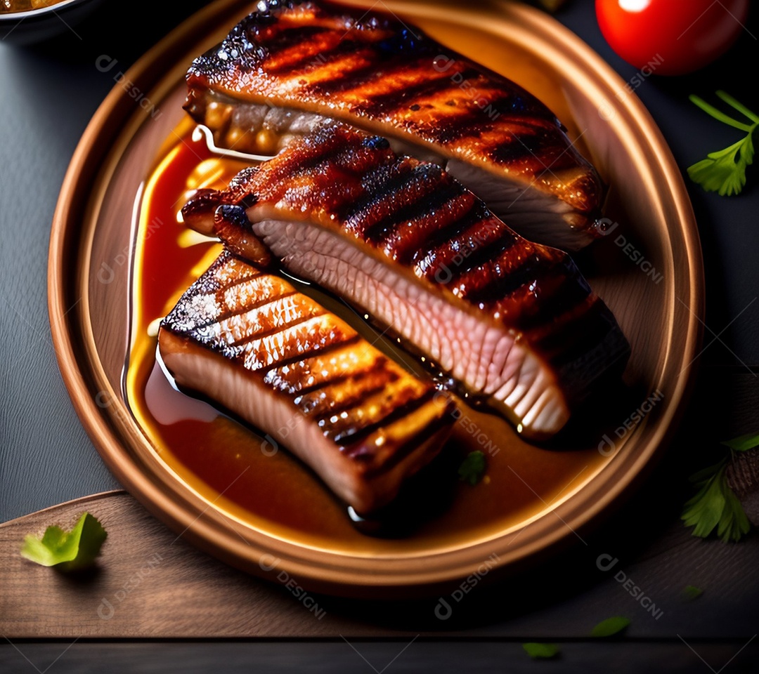 Carne grelhada sobre prato restaurante