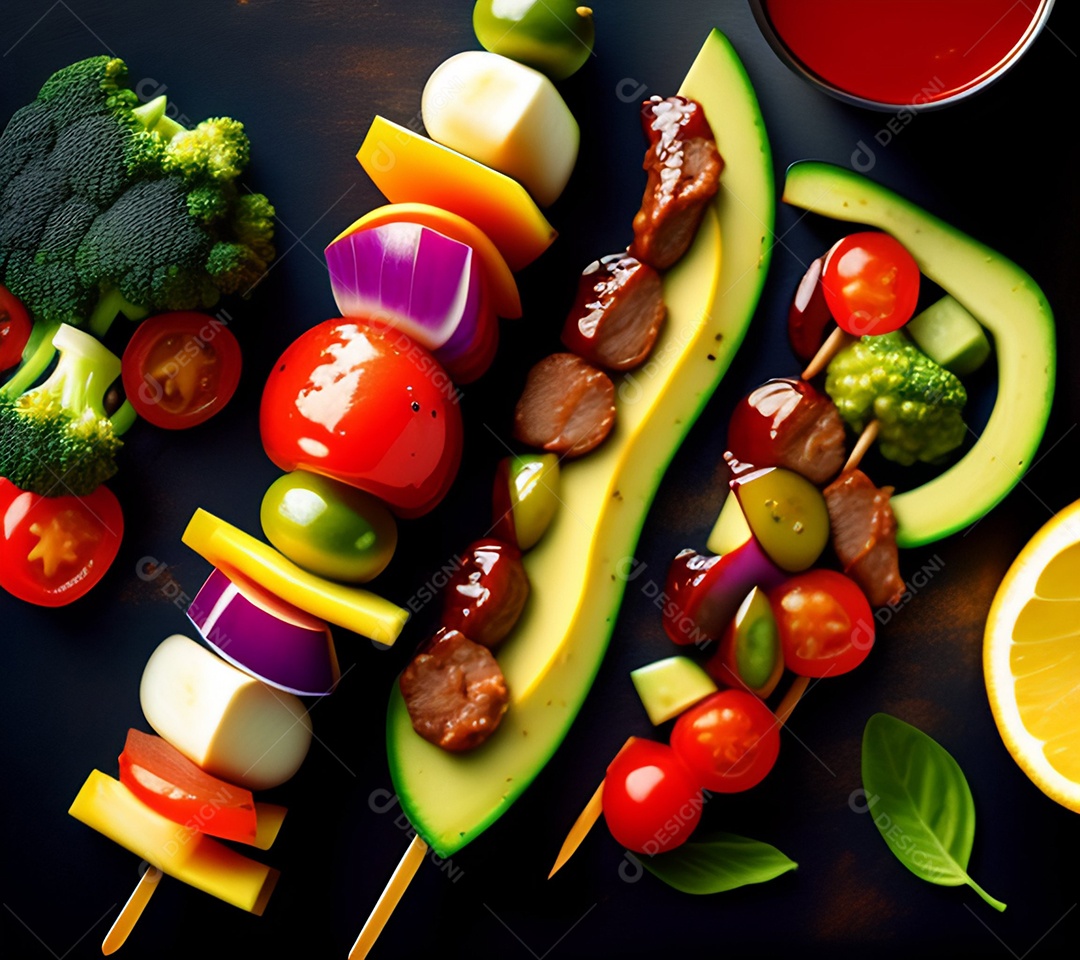 Churrasquinhos de verdura sobre uma mesa de madeira