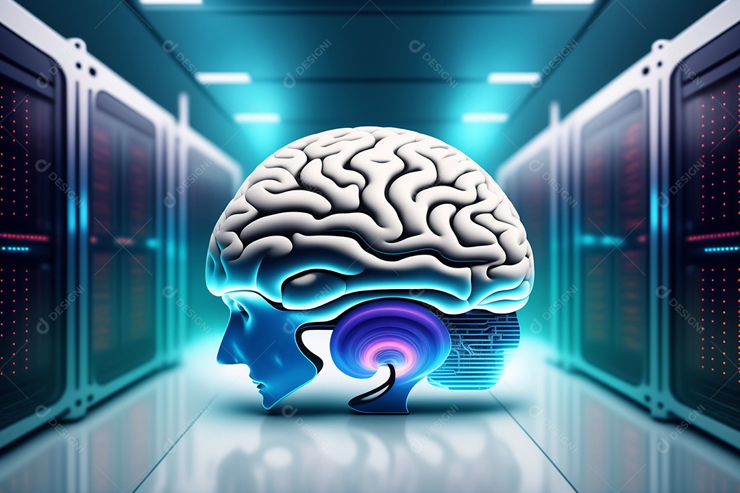 Cérebro no centro da sala do data center.