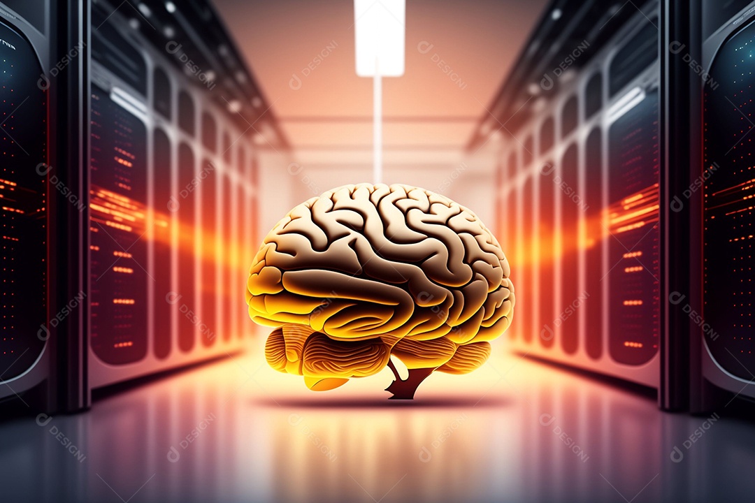 Cérebro no centro da sala do data center.