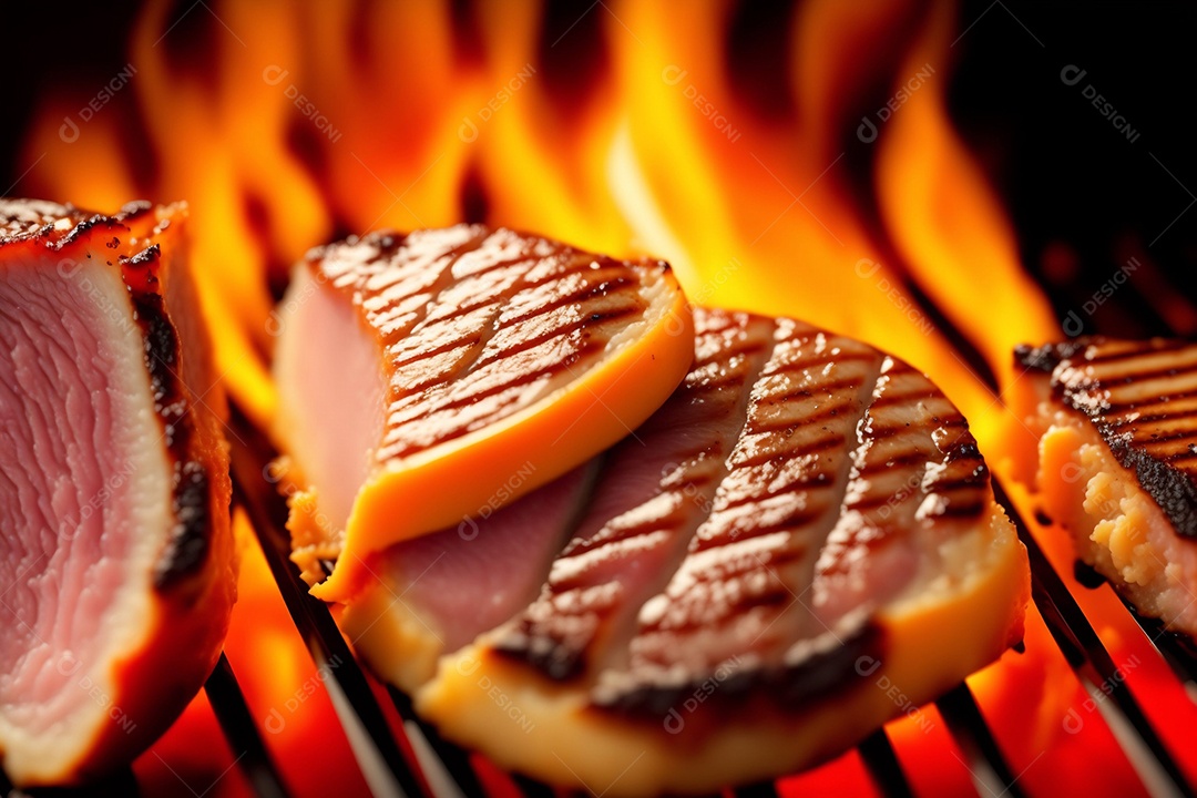 close-up de bife suculento na grelha.