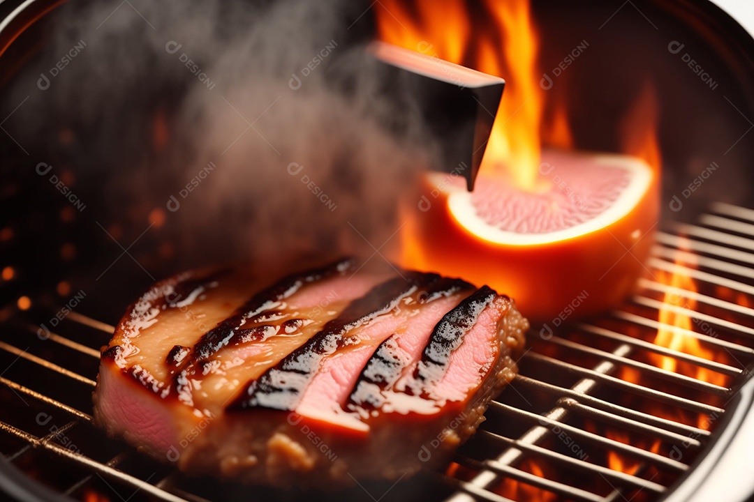 close-up de bife suculento na grelha.