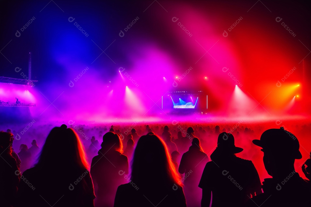 Silhueta de pessoas em concerto ou festival de música.