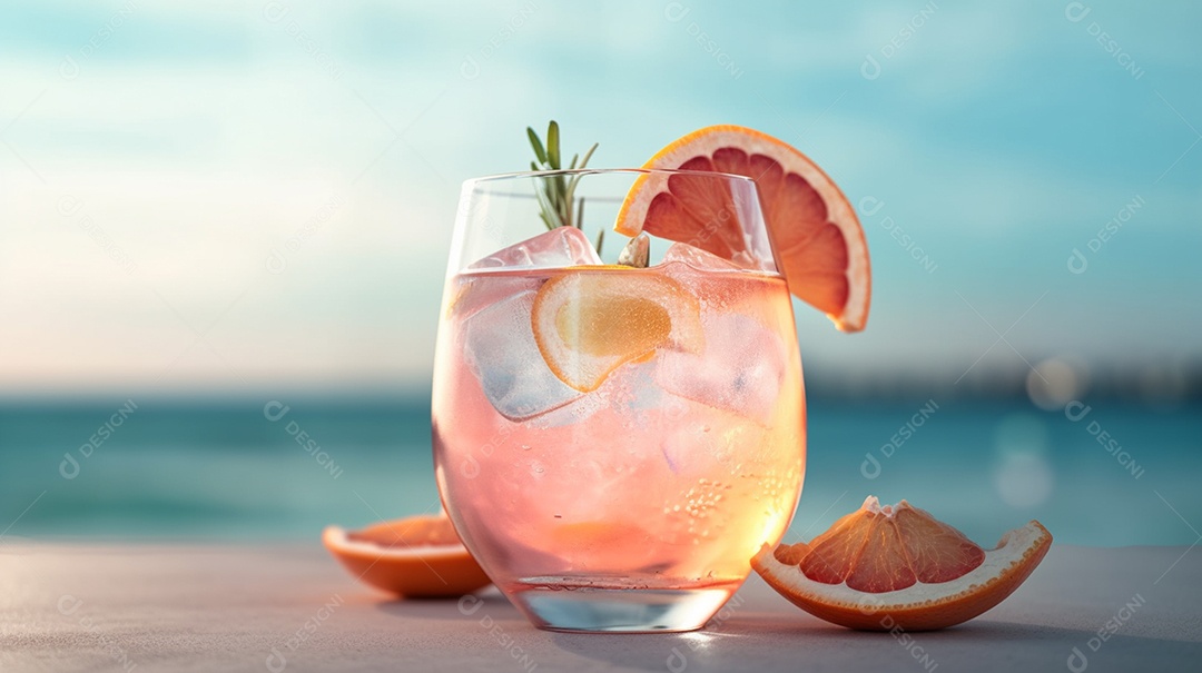 Delicioso drink com fundo de praia