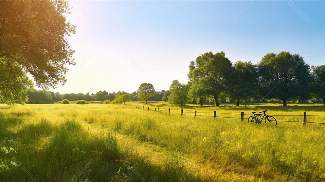 Vista campo com gramado e lindas árvores