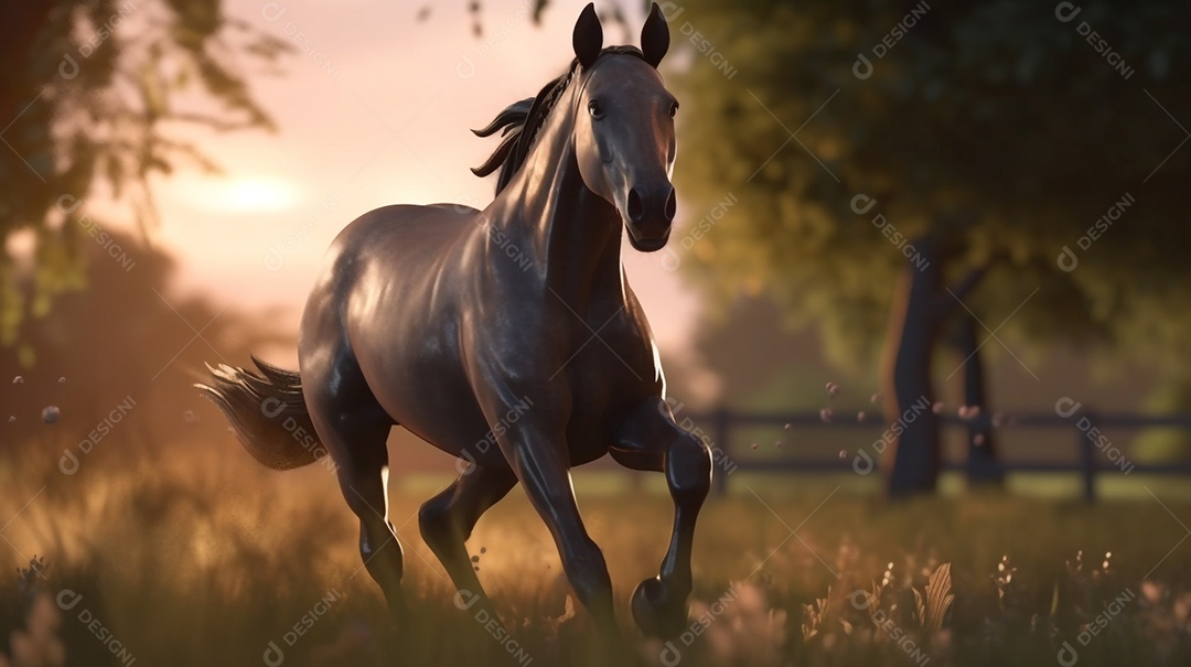 Cavalo correndo no fundo do pôr do sol do parque