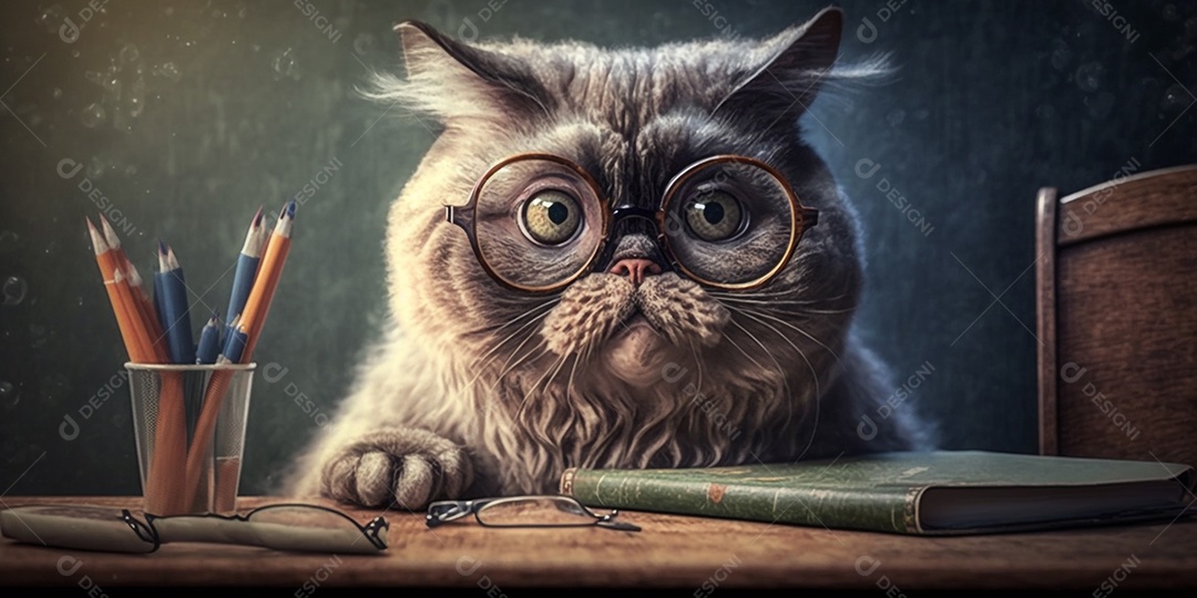 Gato de óculos sentado na carteira da escola e aprendendo
