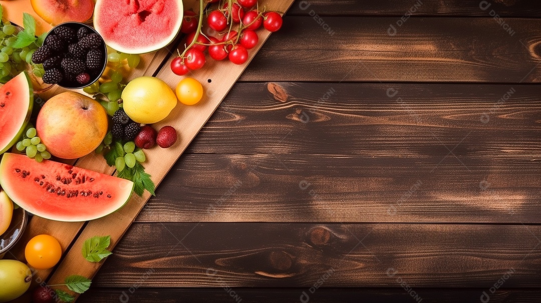 Comida de verão em fundo de madeira vista superior espaço vazio