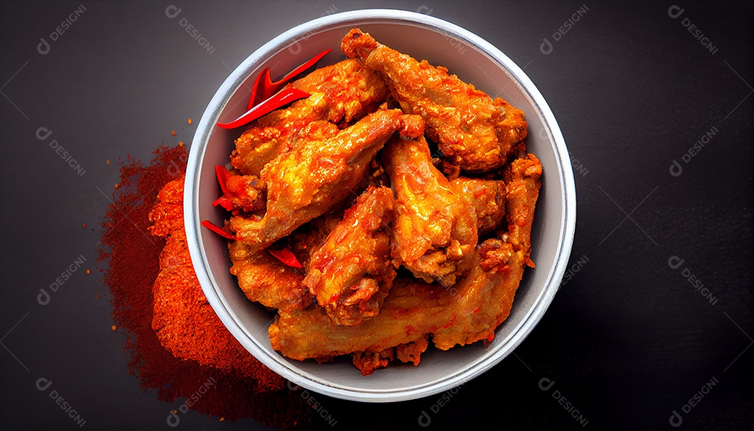 Frango frito picante na tigela vista superior espaço em branco