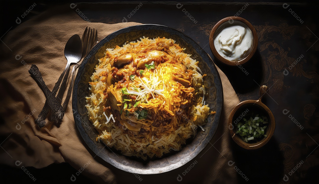 Foto aproximada de biryani na vista superior da fotografia de mesa