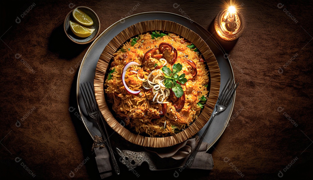 Foto aproximada de biryani em vista superior da fotografia de mesa