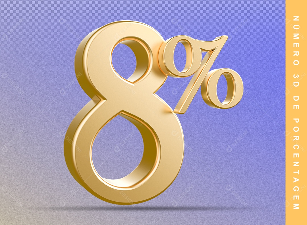 Número 3D Detalhado Dourado 8% Para Composição PSD