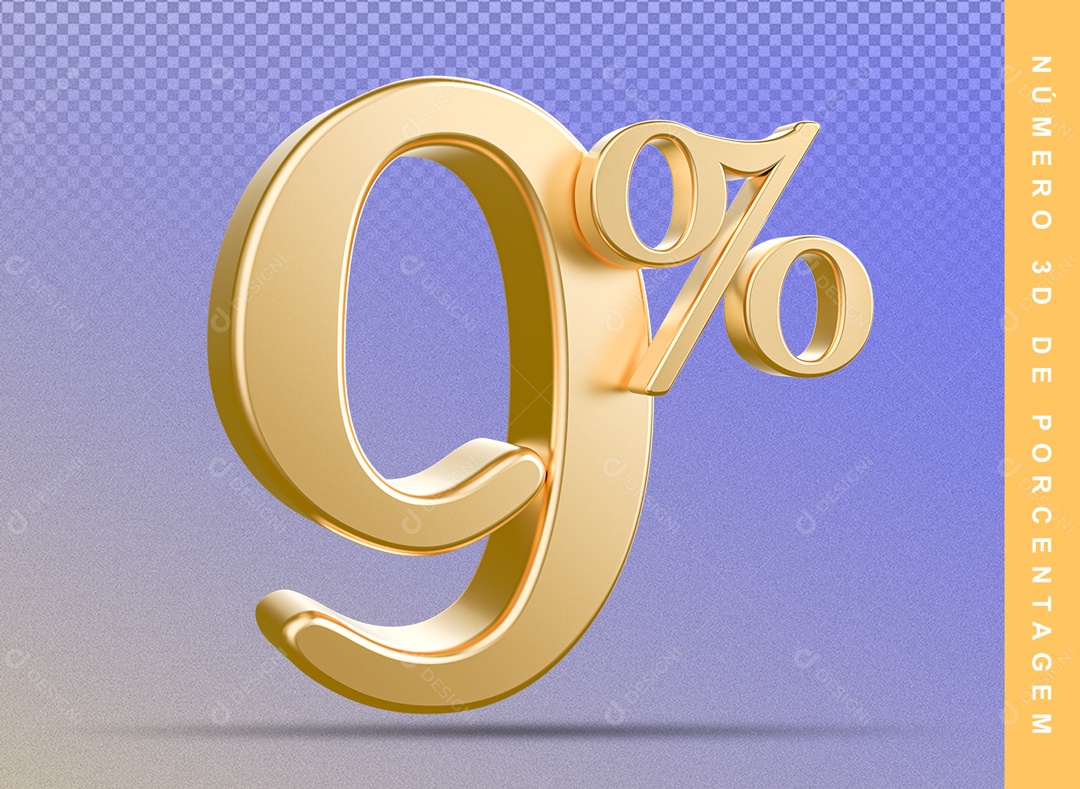 Número 3D Detalhado Dourado 9% Para Composição PSD