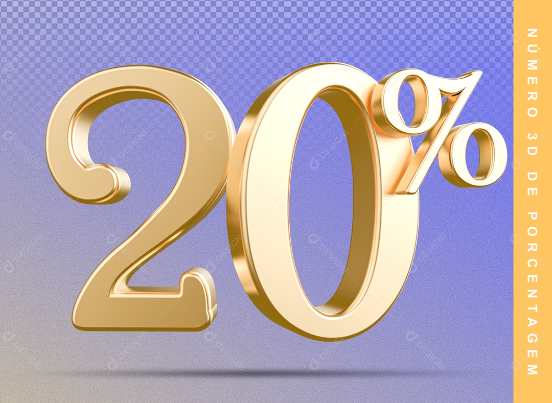 Número 3D Detalhado Dourado 20% Para Composição PSD