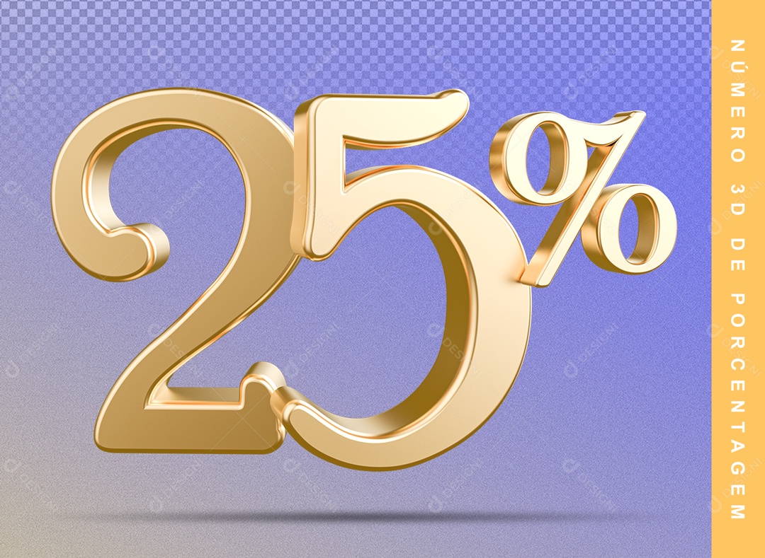 Número 3D Detalhado Dourado 25% Para Composição PSD