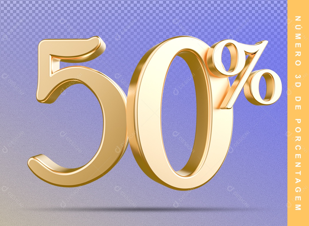 Número 3D Detalhado Dourado 50% Para Composição PSD