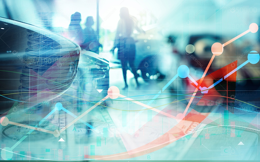 Gráfico do mercado de ações cresce tendência em vendedora e cliente desfocados em showroom de luxo moderno