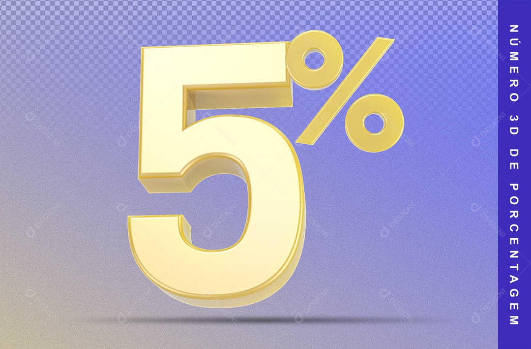 Número 3D Dourado 5% Porcento Fundo Azul Para Composição PSD