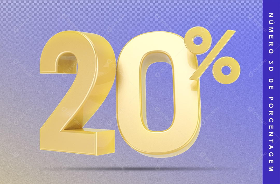 Número 3D Dourado 20% Porcento Fundo Azul Para Composição PSD