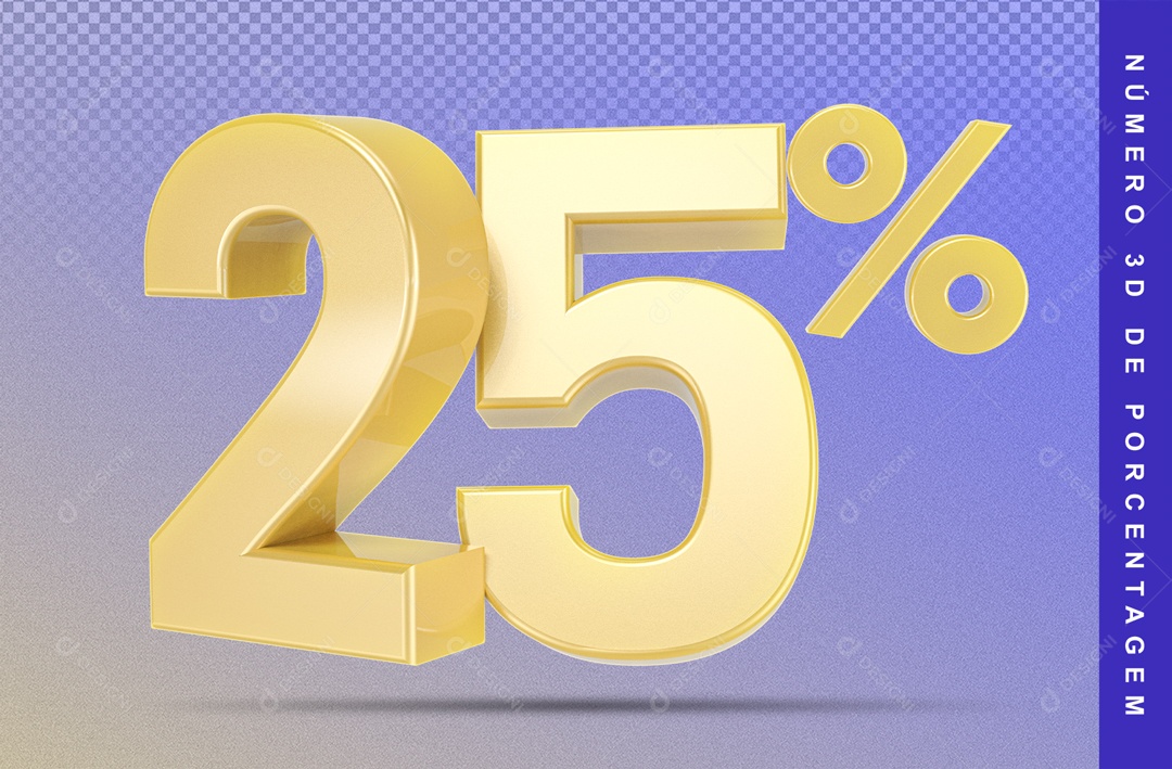 Número 3D Dourado 25% Porcento Fundo Azul Para Composição PSD