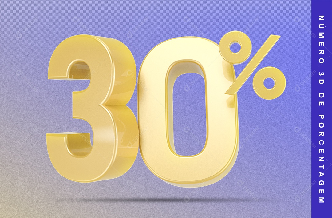 Número 3D Dourado 30% Porcento Fundo Azul Para Composição PSD