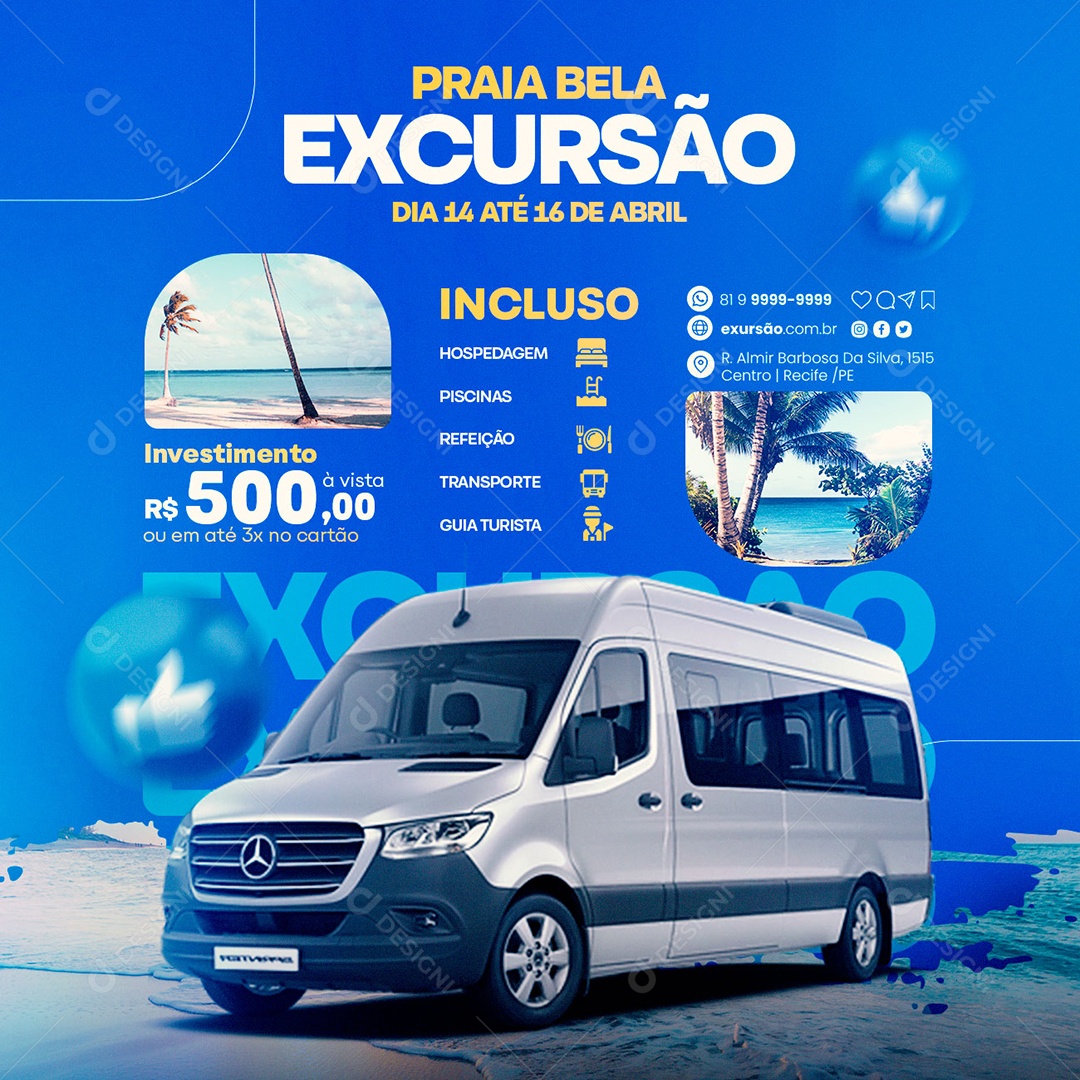 Praia Bela Excursão Dia 14 Até 16 De Abril Social Media PSD Editável