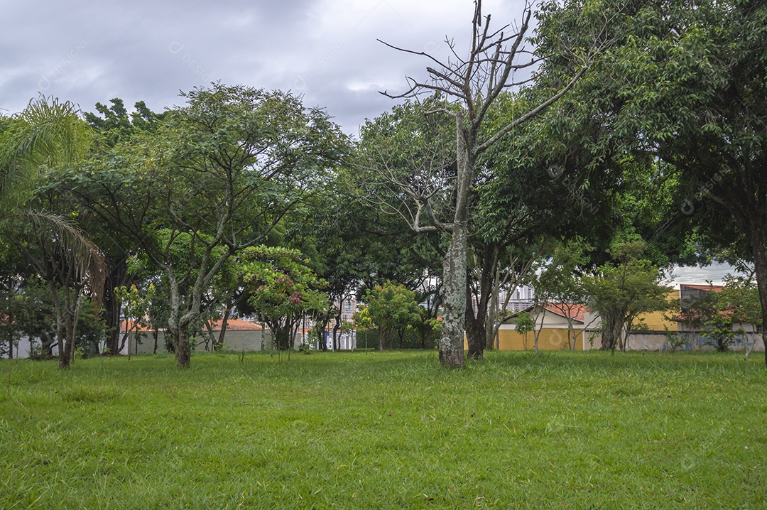 Praça simples em um dia nublado com muito verde.