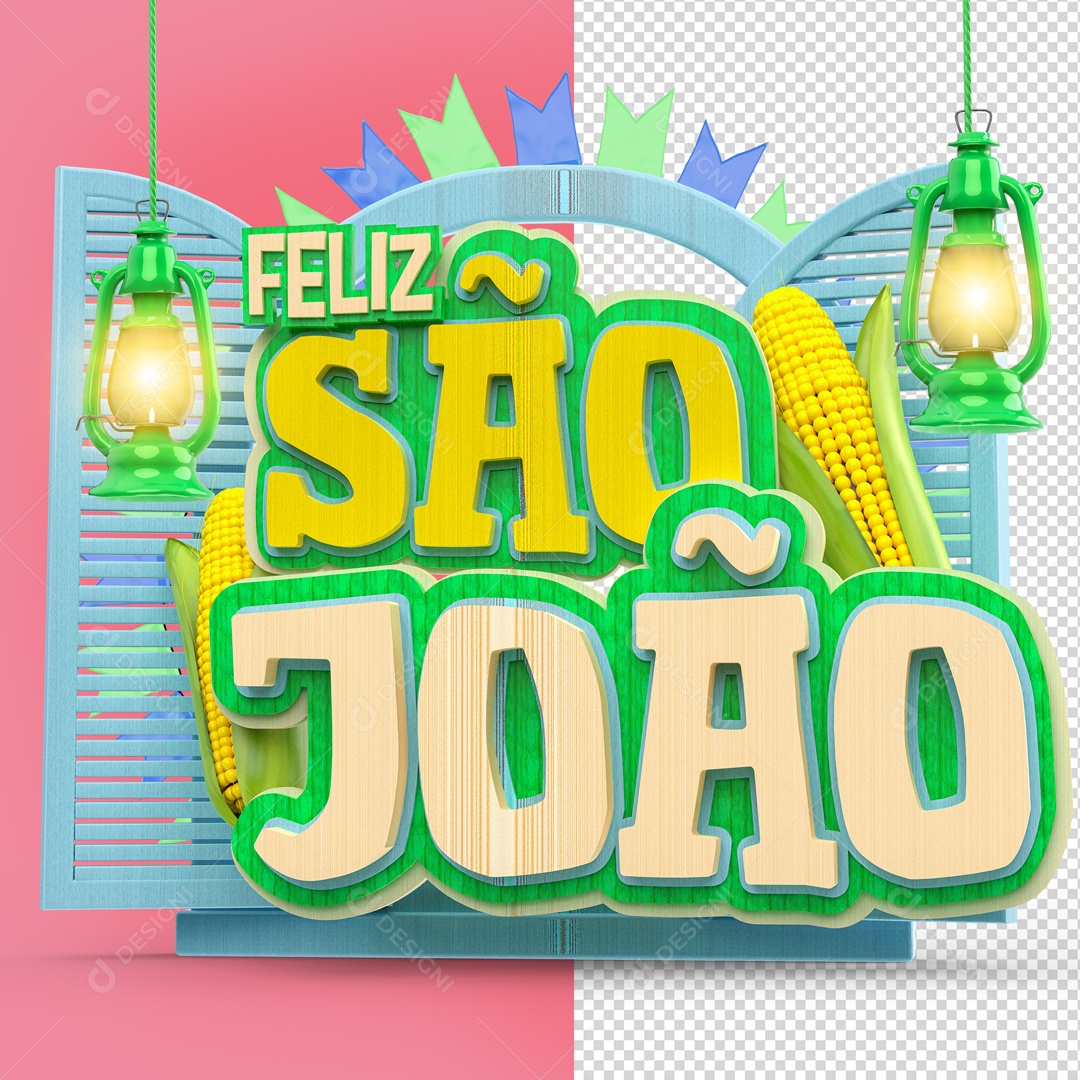 Feliz São João Selo 3D Verde E Amarelo Para Composição PSD