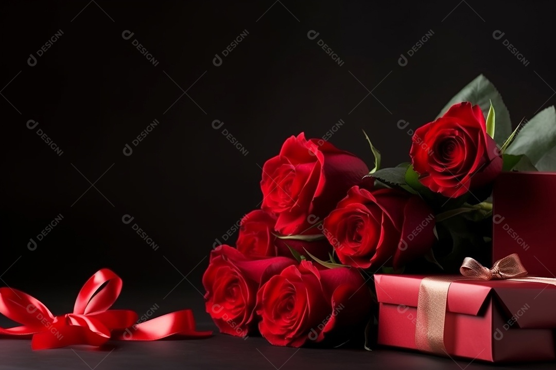 Buquê de rosas vermelhas e presente