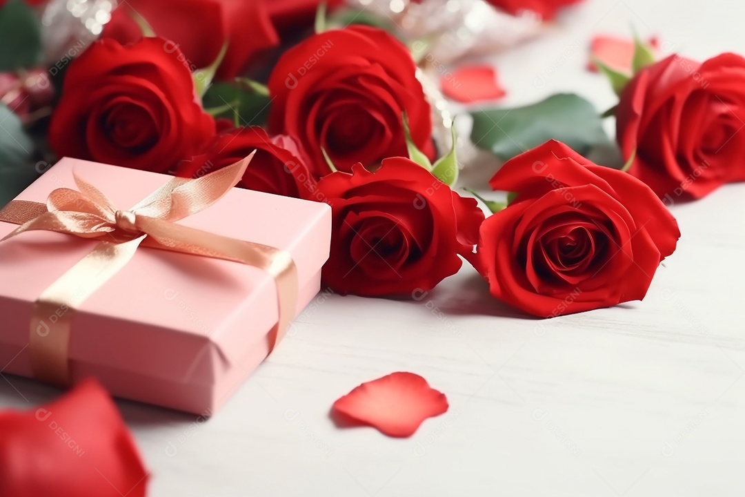 Buquê de rosas vermelhas e presente