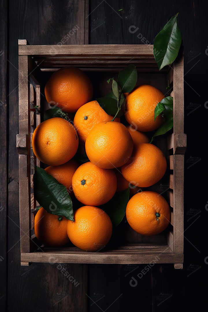 Vista superior de laranjas em caixa de madeira