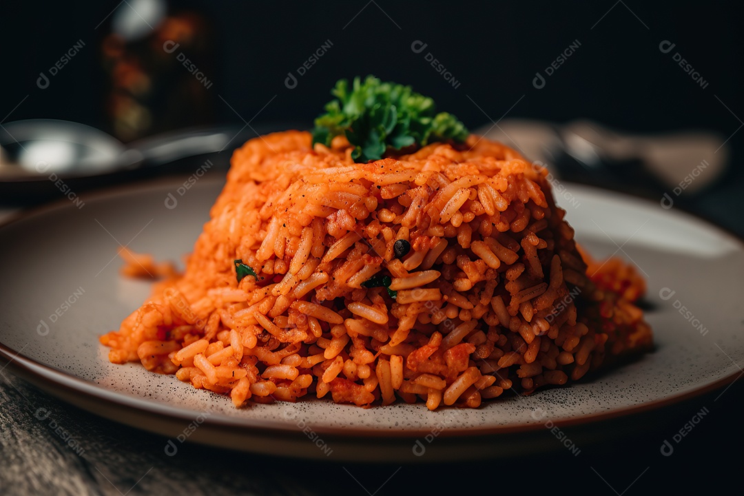 Lindo prato de arroz Jollof popular na África Ocidental