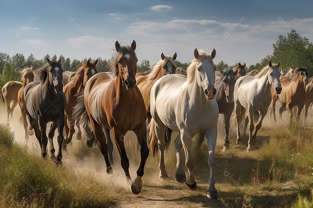 Cavalos correndo em manada na natureza