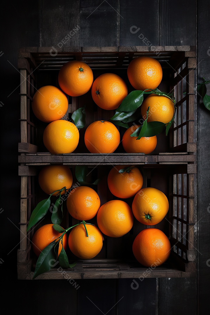 Vista superior de laranjas em caixa de madeira