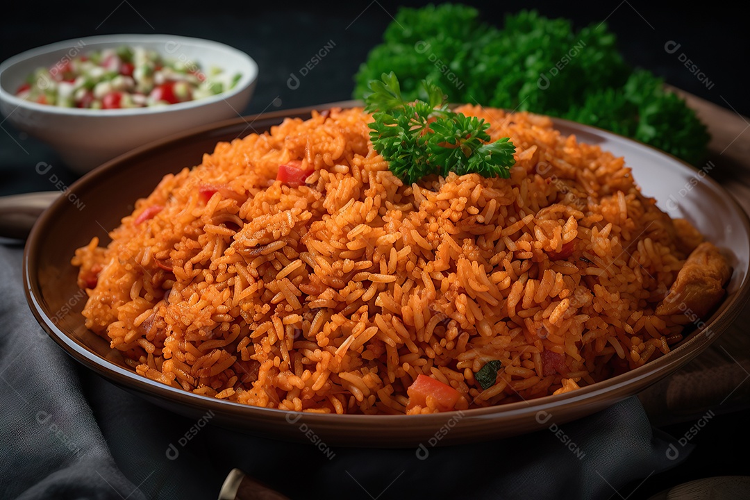 Lindo prato de arroz Jollof popular na África Ocidental