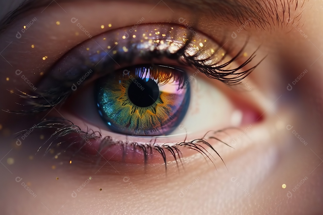 Olho lindo com maquiagem e sombra colorida